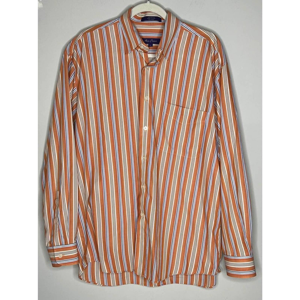 Alan Flusser Striped Button Down Long Sleeve Shirt Large Orange/Blue